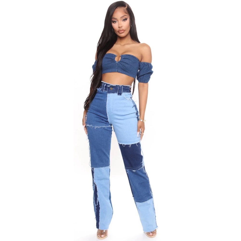 Patchwork Straight Leg Jeans + Patchwork Tube Top - image 1